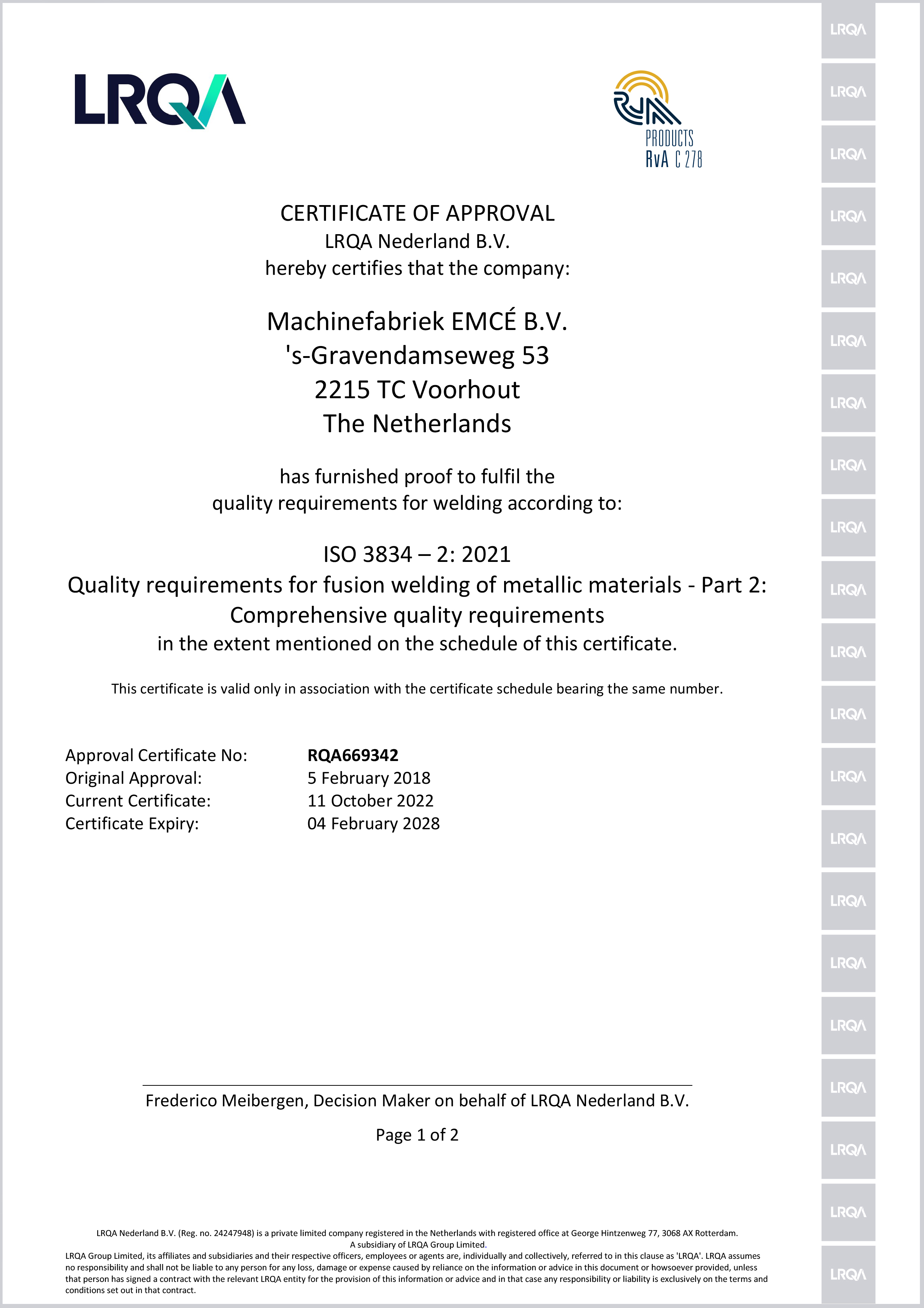 LRS certificate ISO 3834-2-2005 EMCE Winches