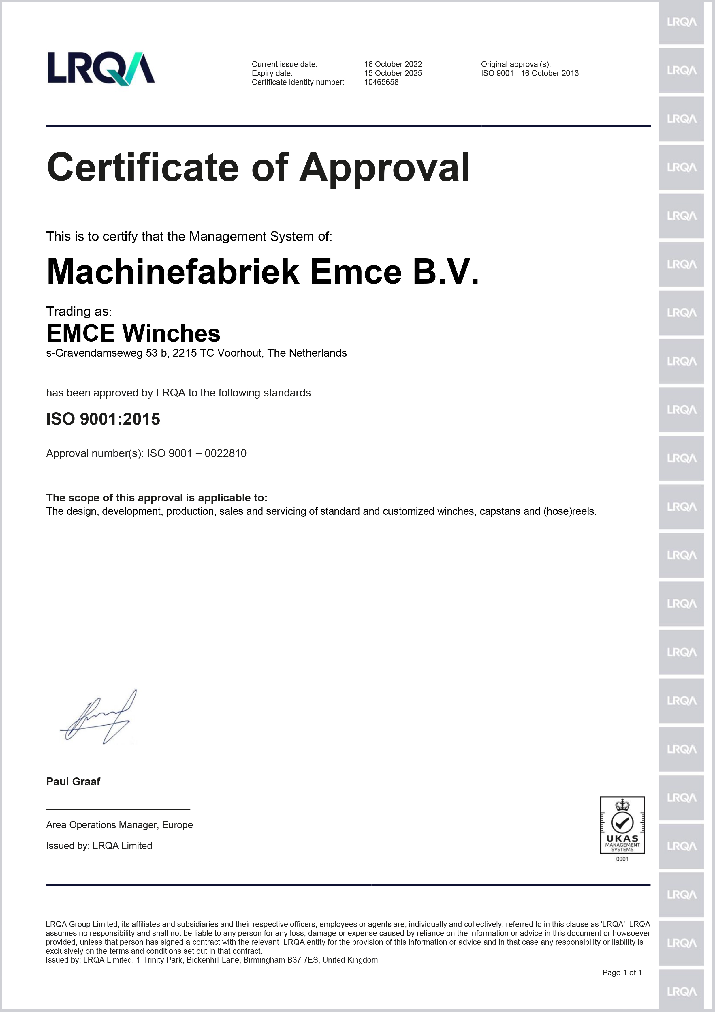 ISO 9001 - 2015 Lloyds certificate for EMCE Winches